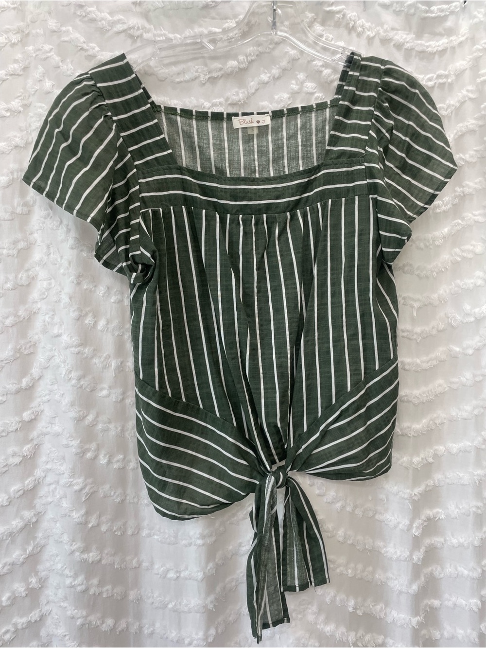 Blush Green & White Striped Tie-Front Square Neck Crop Top
